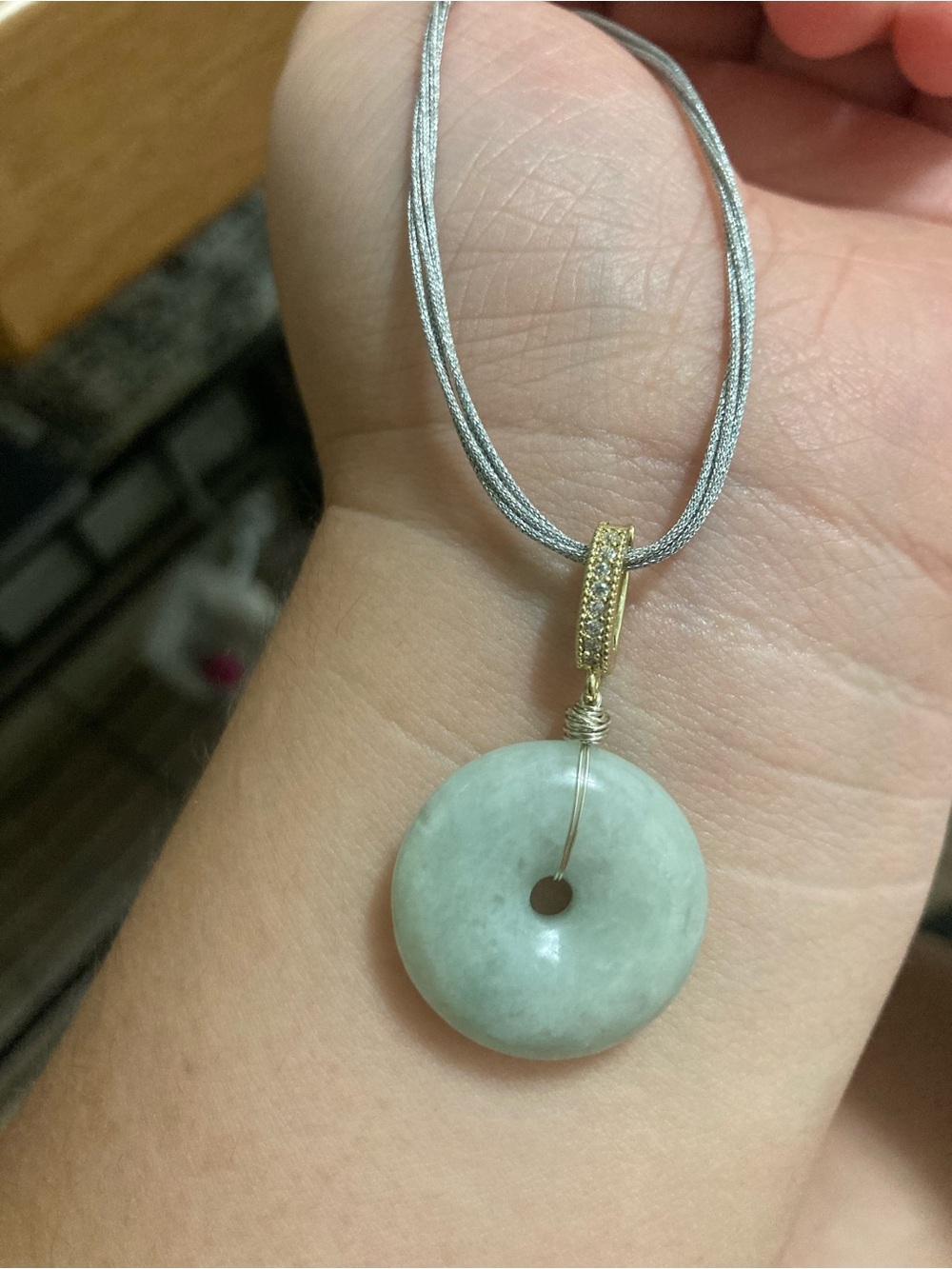 Natural untreated jadeite Pale Green Donut Pendant with Gold open-able Bail